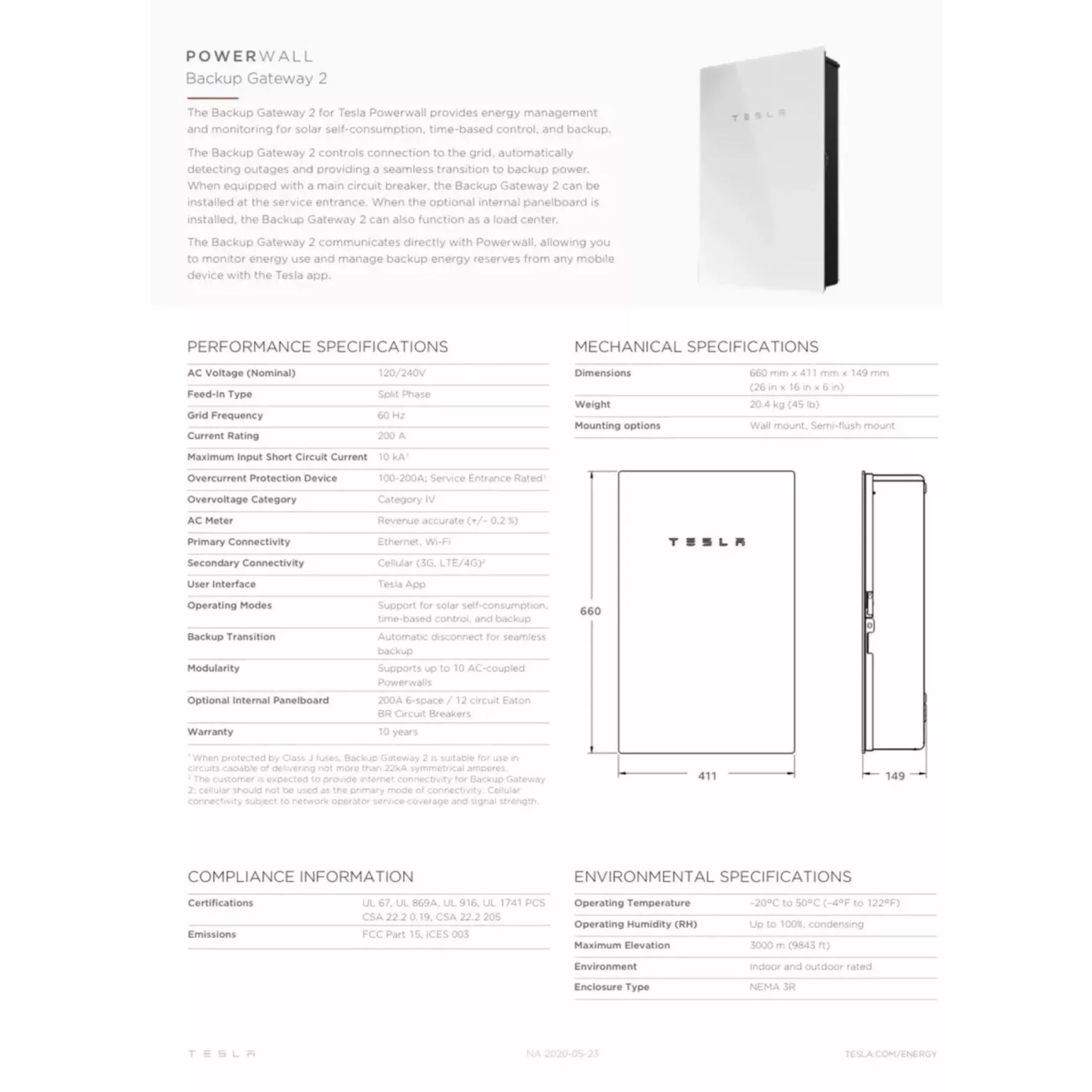 Tesla Powerwall Backup Gateway 2, 120/240VAC P/N 1232100-00-E– BRAND NEW