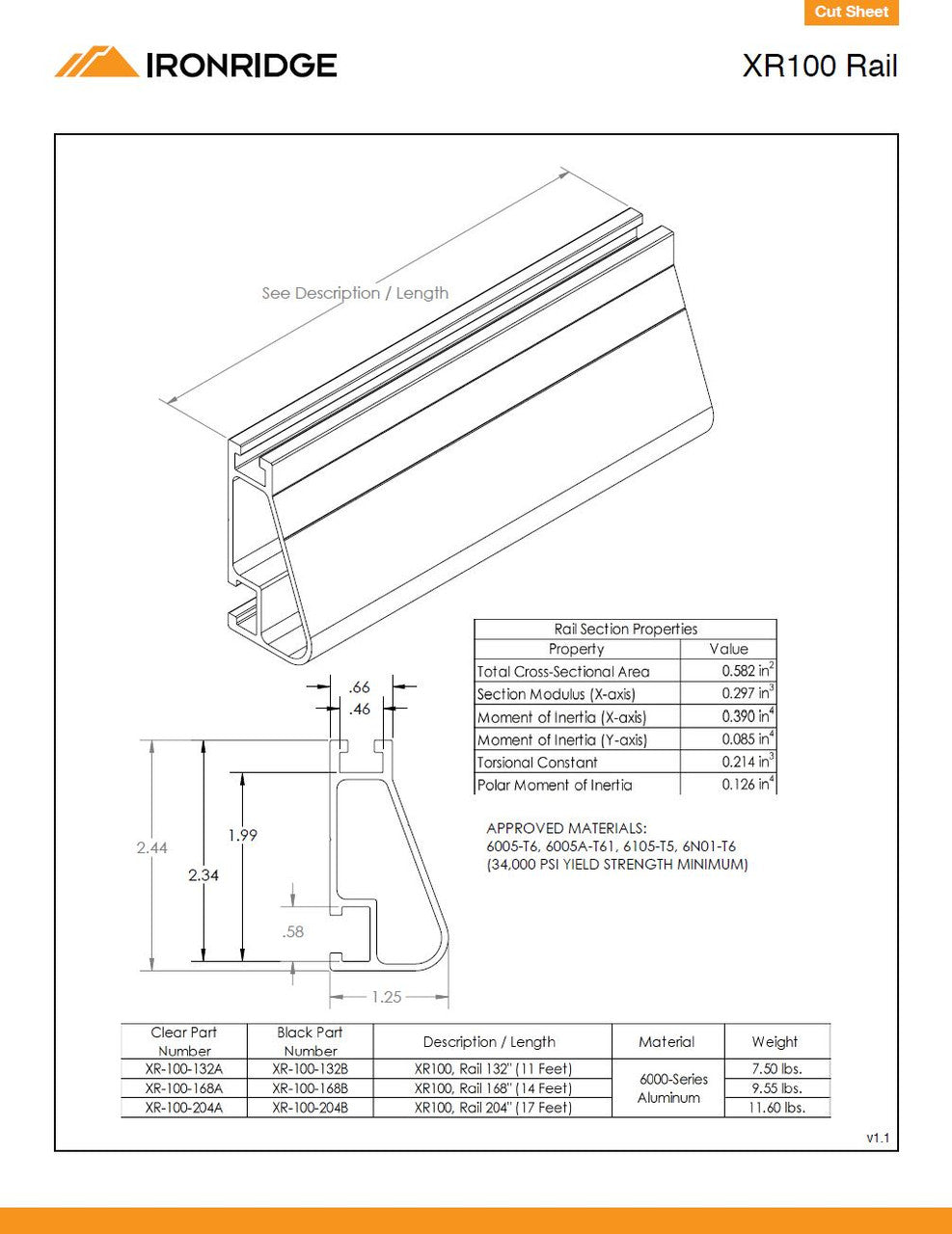 IronRidge XR-100-168B Solar Rail XR100 Black PRE-CUT